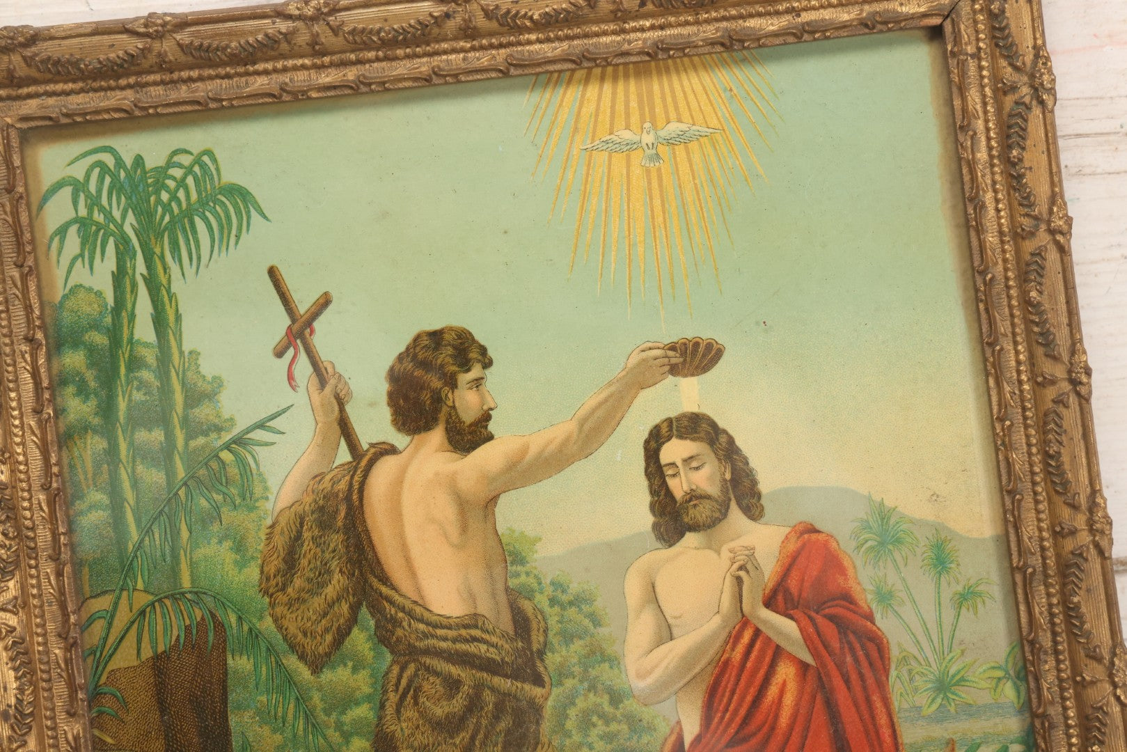 Lot 039 - Antique Framed Chromolithograph Print Depicting The Baptism Of Christ With John The Baptist And Dove Of The Holy Spirit, 12-3/4" x 16-1/2"