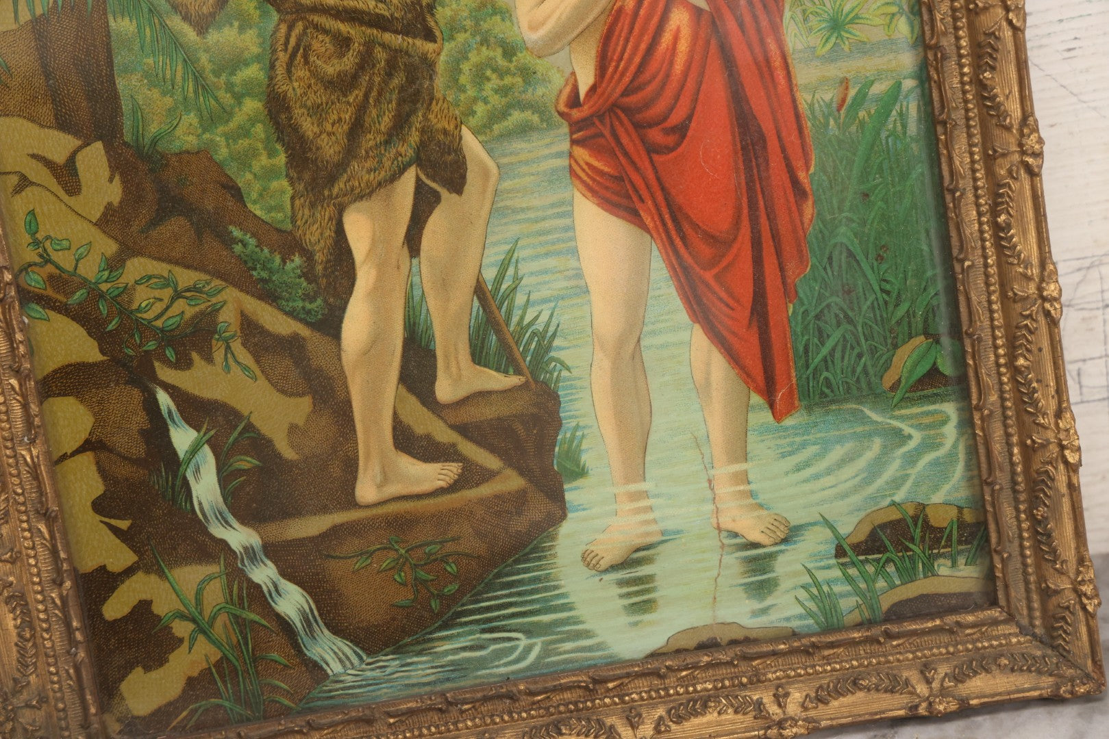 Lot 039 - Antique Framed Chromolithograph Print Depicting The Baptism Of Christ With John The Baptist And Dove Of The Holy Spirit, 12-3/4" x 16-1/2"