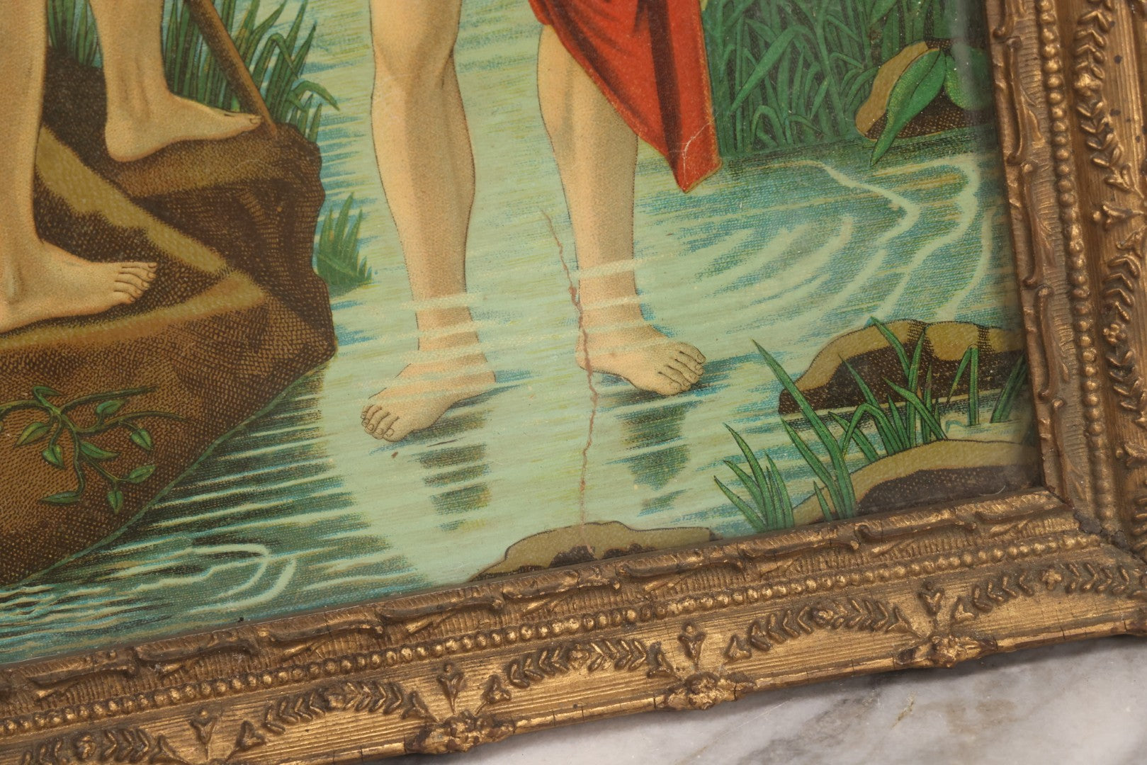 Lot 039 - Antique Framed Chromolithograph Print Depicting The Baptism Of Christ With John The Baptist And Dove Of The Holy Spirit, 12-3/4" x 16-1/2"