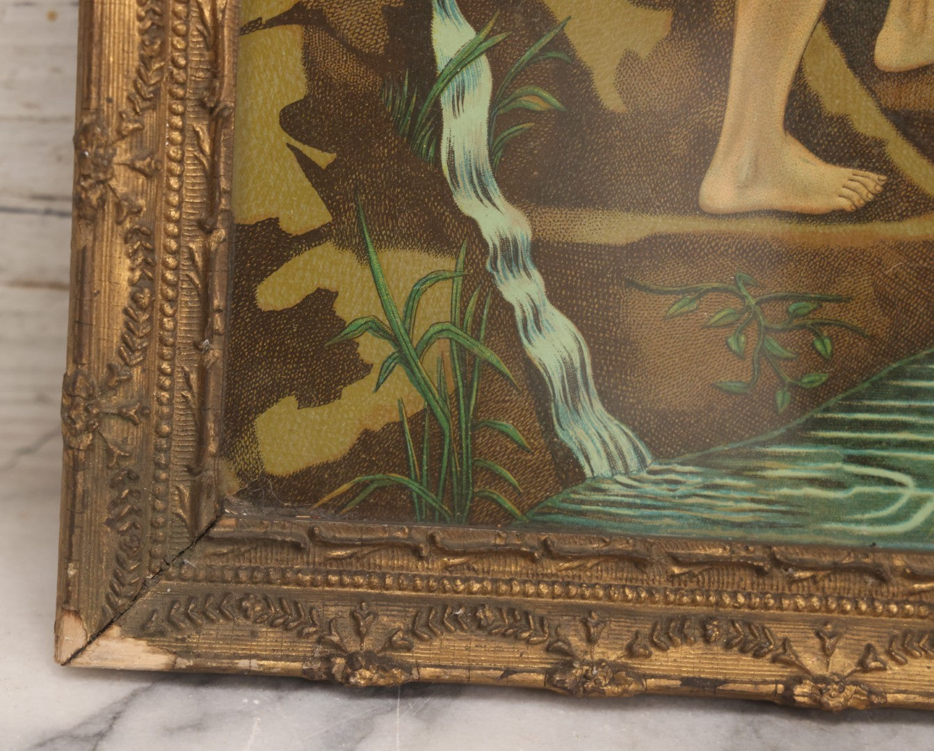 Lot 039 - Antique Framed Chromolithograph Print Depicting The Baptism Of Christ With John The Baptist And Dove Of The Holy Spirit, 12-3/4" x 16-1/2"