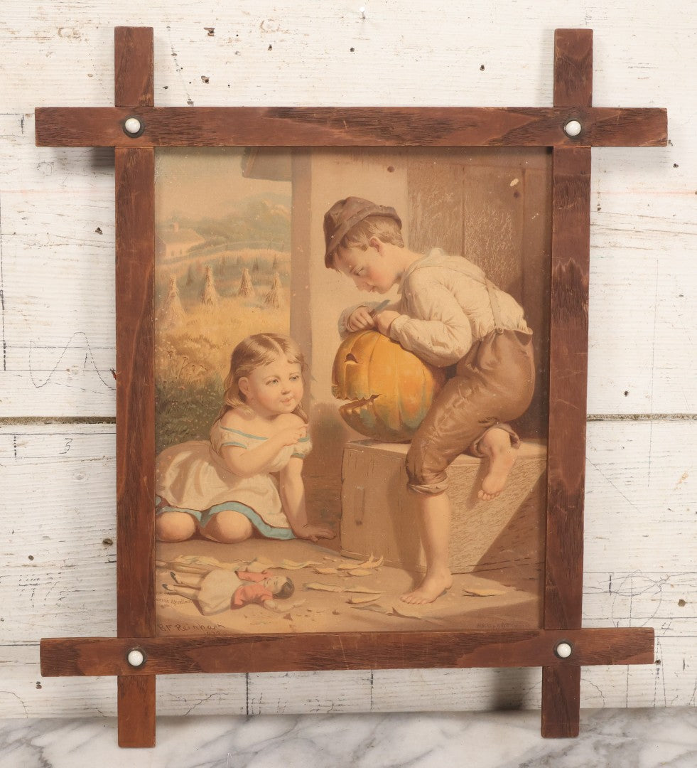 Lot 040 - Antique Framed Chromolithograph Print Depicting Children Carving A Jack O'Lantern From The American Agriculturalist After B.F. Reinhart, 1872, Published By Bencke & Scott, 16-1/2" x 19"