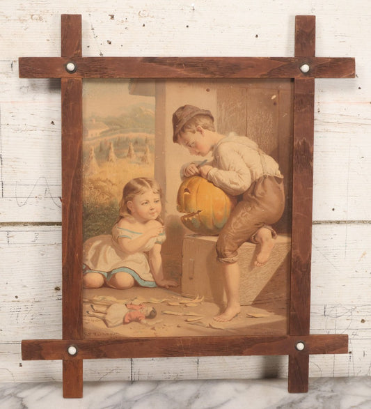 Lot 040 - Antique Framed Chromolithograph Print Depicting Children Carving A Jack O'Lantern From The American Agriculturalist After B.F. Reinhart, 1872, Published By Bencke & Scott, 16-1/2" x 19"
