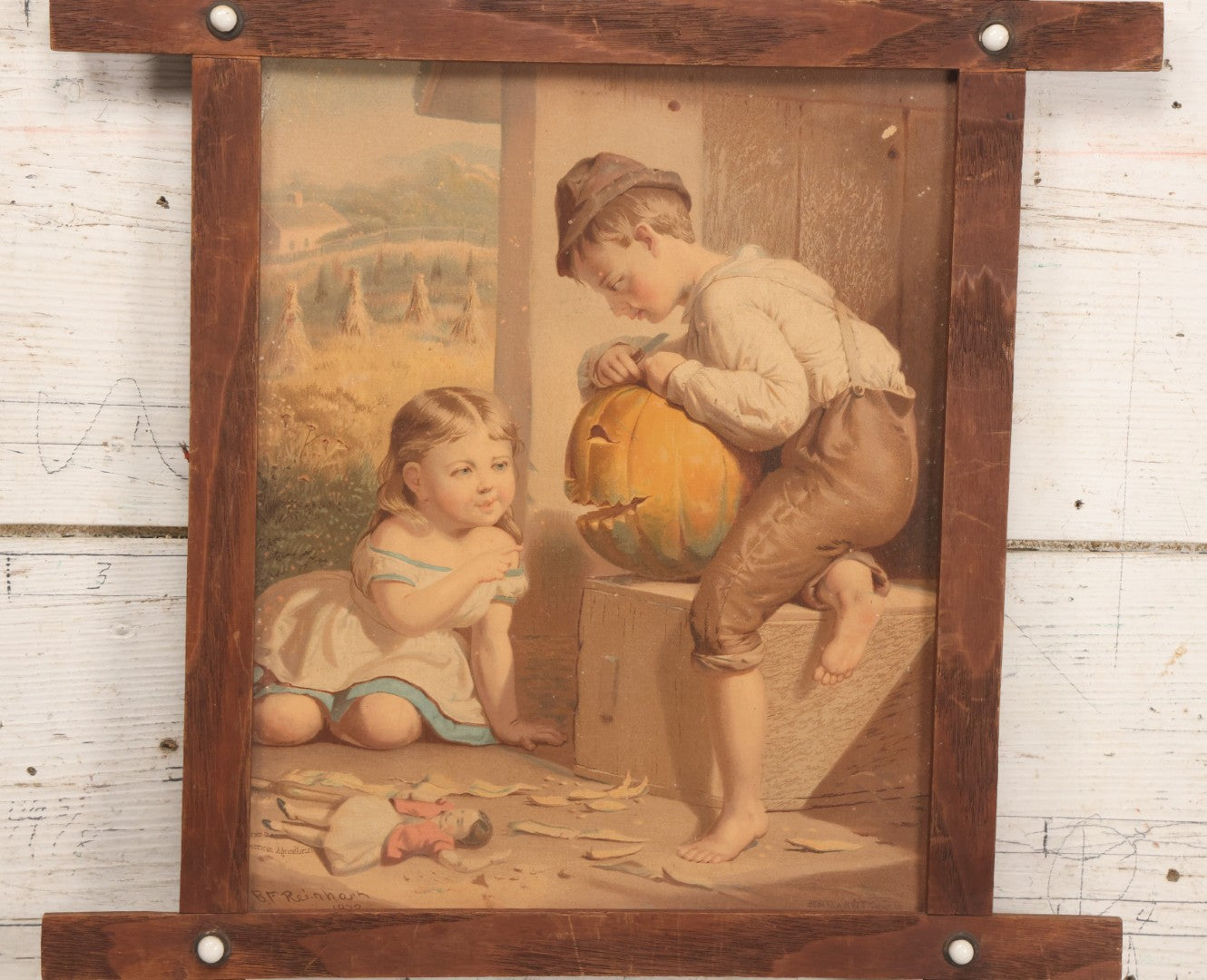 Lot 040 - Antique Framed Chromolithograph Print Depicting Children Carving A Jack O'Lantern From The American Agriculturalist After B.F. Reinhart, 1872, Published By Bencke & Scott, 16-1/2" x 19"
