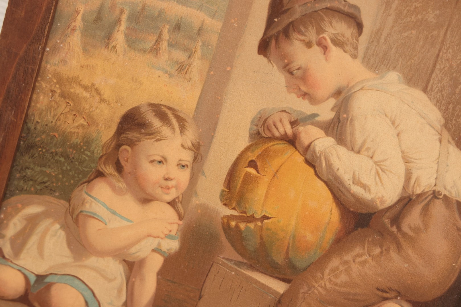 Lot 040 - Antique Framed Chromolithograph Print Depicting Children Carving A Jack O'Lantern From The American Agriculturalist After B.F. Reinhart, 1872, Published By Bencke & Scott, 16-1/2" x 19"