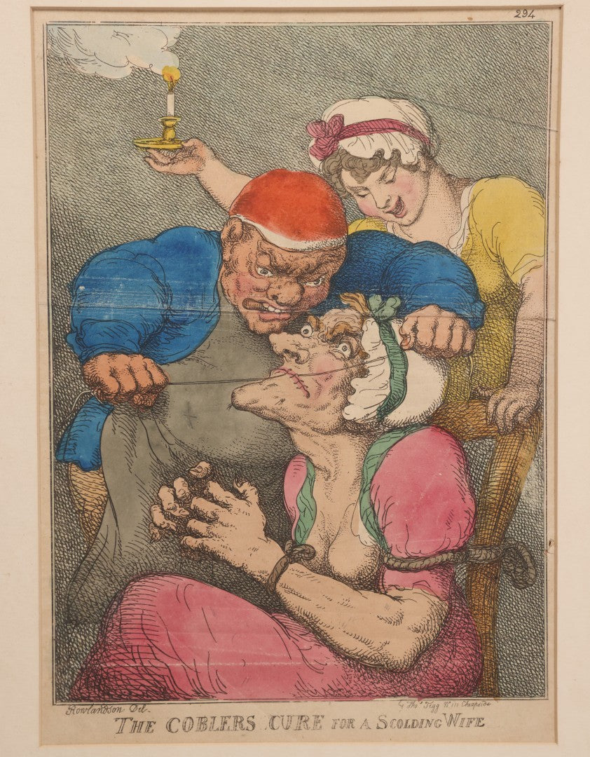 Lot 041 - Antique Hand Colored Caricature Print "The Coblers Cure For A Scolding Wife" By Thomas Rowlandson, Depicting A Cobler Sewing His Wife's Mouth Shut, Published By Thomas Tegg, Circa 1810, Framed, No Glass, 14-1/8" x 18-5/8"