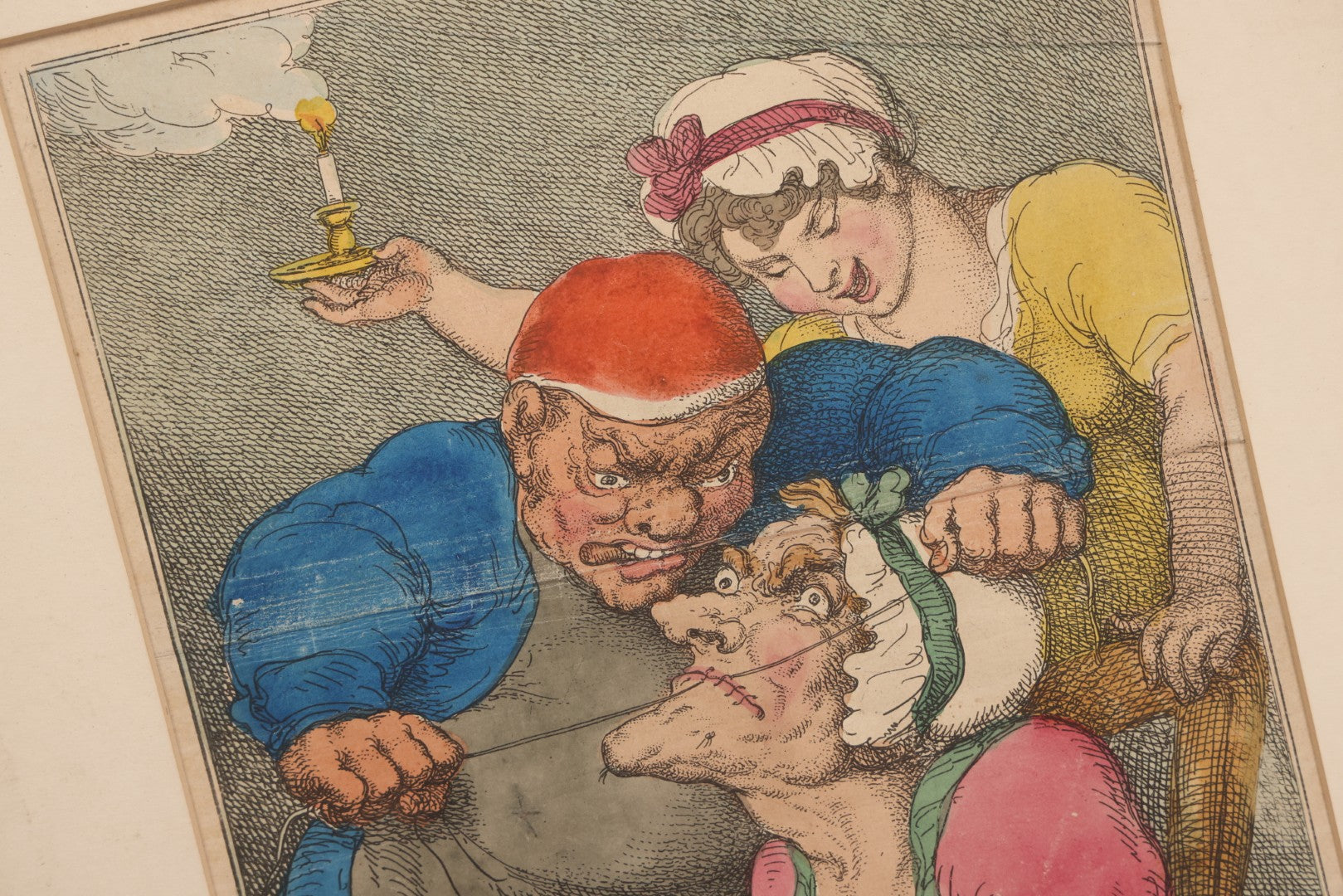 Lot 041 - Antique Hand Colored Caricature Print "The Coblers Cure For A Scolding Wife" By Thomas Rowlandson, Depicting A Cobler Sewing His Wife's Mouth Shut, Published By Thomas Tegg, Circa 1810, Framed, No Glass, 14-1/8" x 18-5/8"