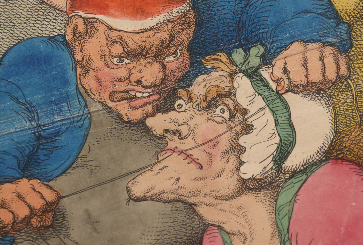 Lot 041 - Antique Hand Colored Caricature Print "The Coblers Cure For A Scolding Wife" By Thomas Rowlandson, Depicting A Cobler Sewing His Wife's Mouth Shut, Published By Thomas Tegg, Circa 1810, Framed, No Glass, 14-1/8" x 18-5/8"