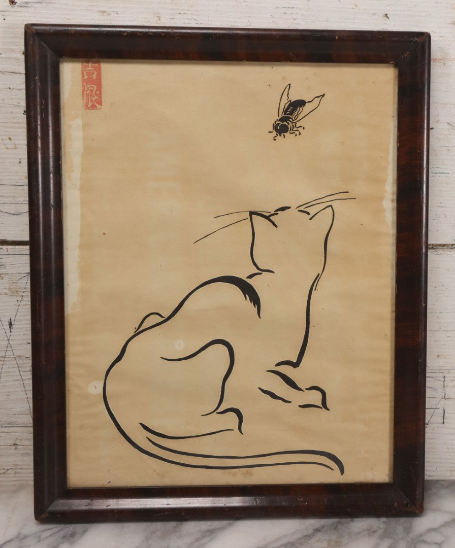 Lot 043 - Vintage East Asian Art Print Cat Watching Fly, With Red Stamped Artists Mark, 12-5/8" x 15-5/8"