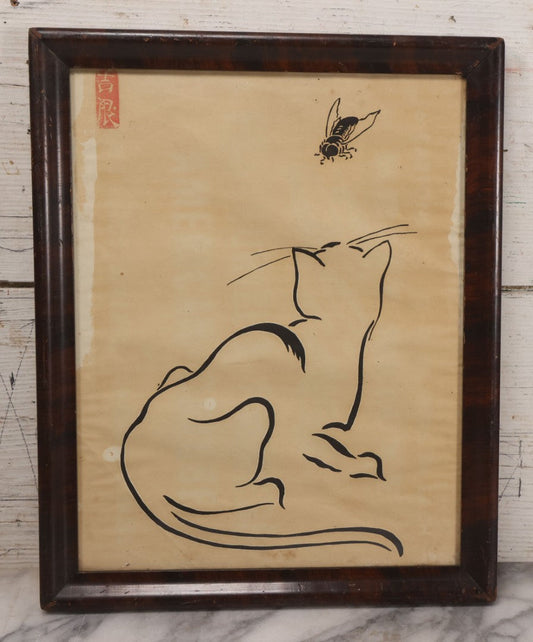 Lot 043 - Vintage East Asian Art Print Cat Watching Fly, With Red Stamped Artists Mark, 12-5/8" x 15-5/8"