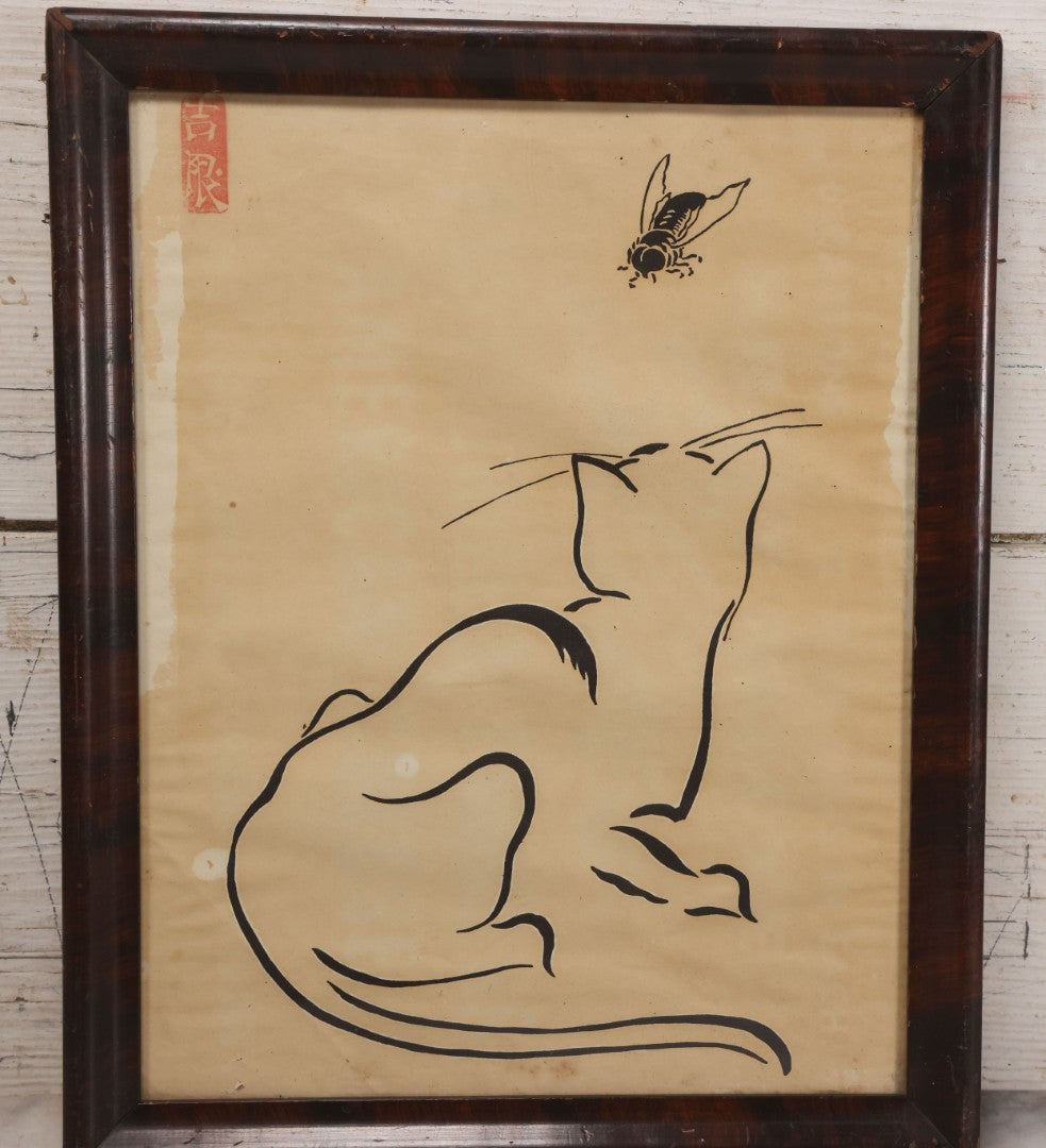 Lot 043 - Vintage East Asian Art Print Cat Watching Fly, With Red Stamped Artists Mark, 12-5/8" x 15-5/8"