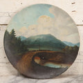 Lot 044 - Antique Folk Art Hand Painted Papier Mache Charger With Stone Bridge, Mountain Lake Landscape, And Cloudy Sky, Circa 1880, 12-1/8" Diameter