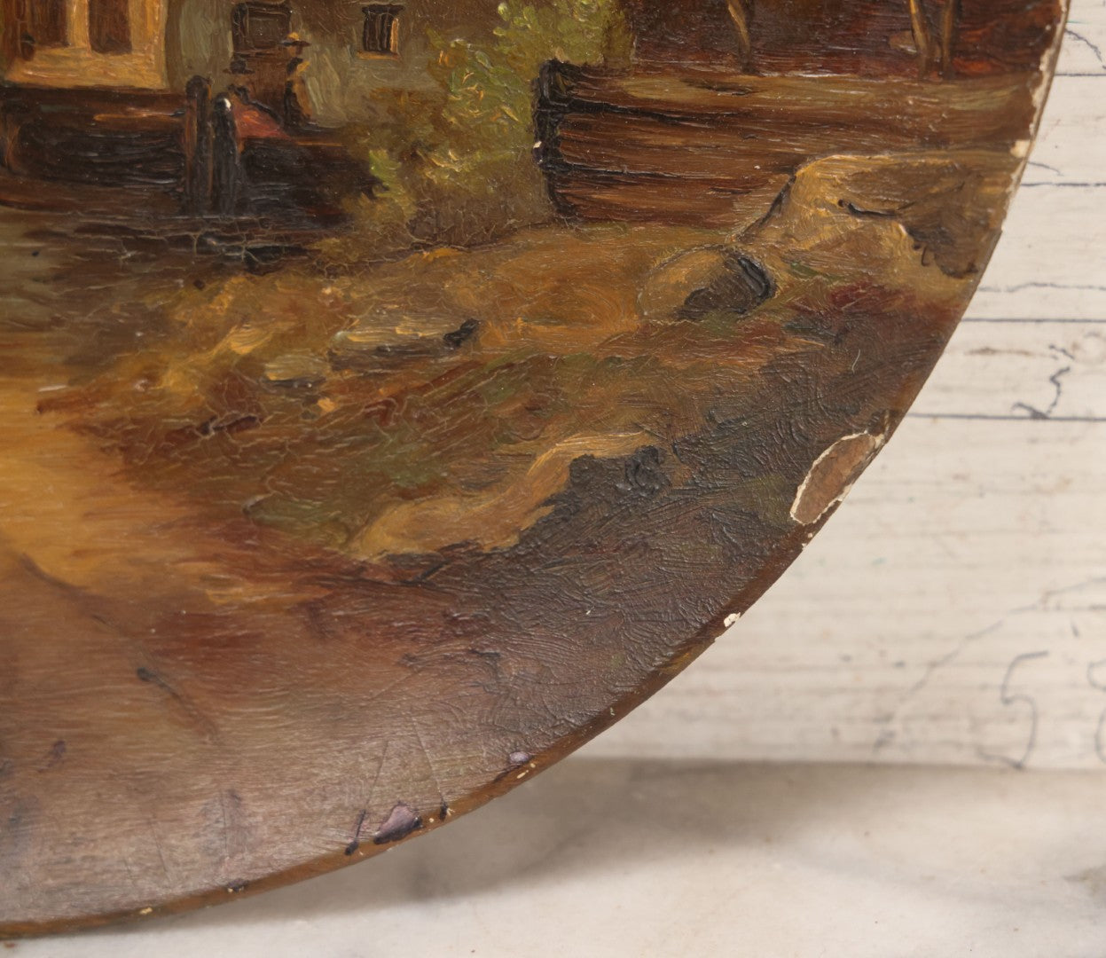 Lot 045 - Antique Folk Art Hand Painted Papier Mache Charger With Rustic Cottage, Mountain Landscape, And Autumn Trees, Circa 1880, 12" Diameter