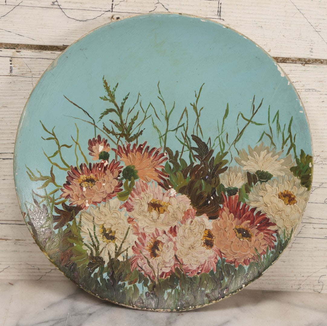Lot 046 - Antique Folk Art Hand Painted Papier Mache Charger With Floral Bouquet On Blue Ground, Circa 1880, 10-1/8" Diameter