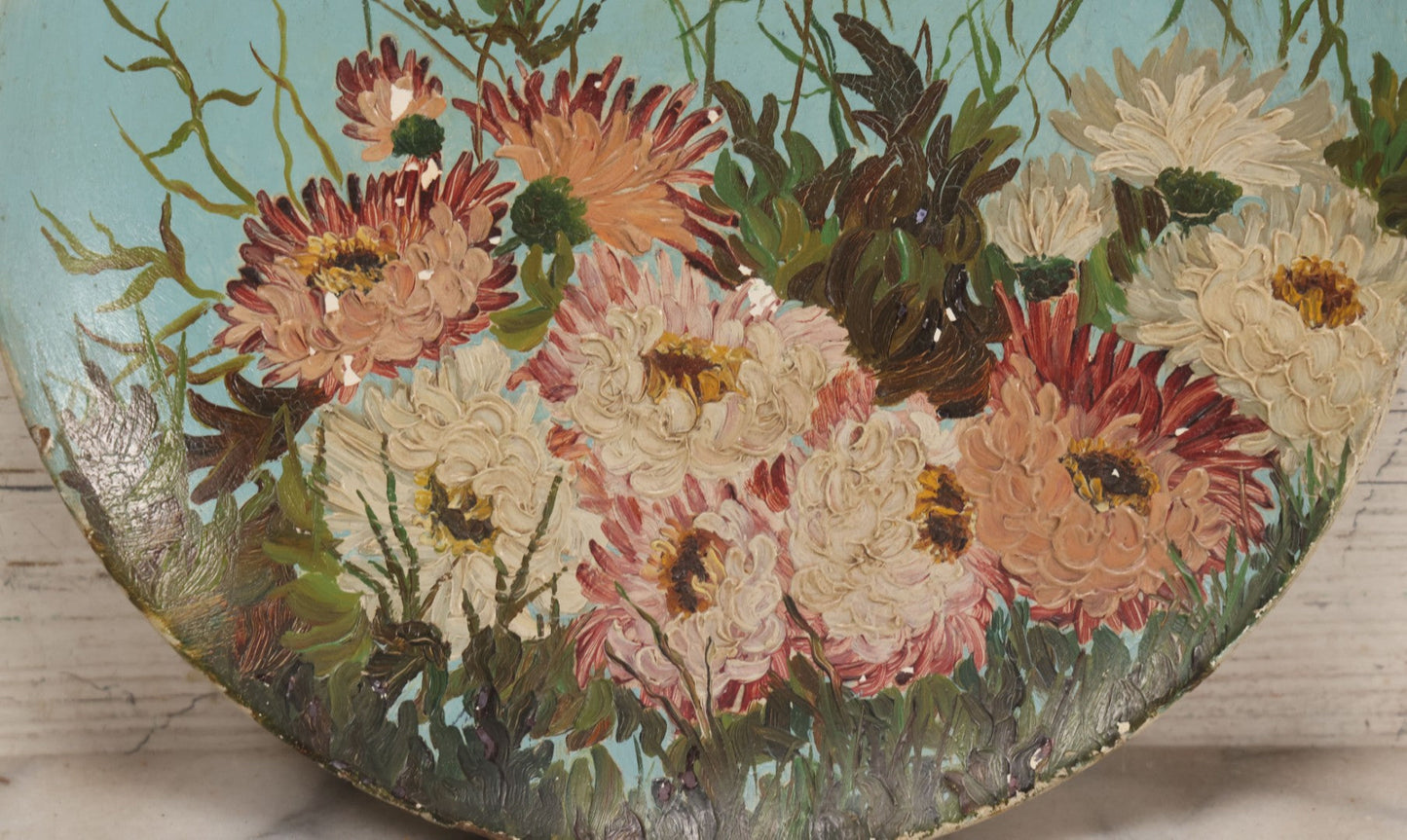 Lot 046 - Antique Folk Art Hand Painted Papier Mache Charger With Floral Bouquet On Blue Ground, Circa 1880, 10-1/8" Diameter