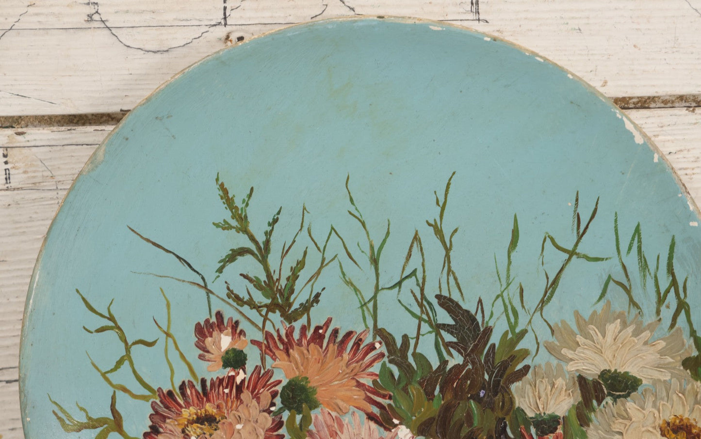 Lot 046 - Antique Folk Art Hand Painted Papier Mache Charger With Floral Bouquet On Blue Ground, Circa 1880, 10-1/8" Diameter