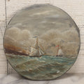 Lot 047 - Antique Hand-Painted Maritime Seascape On Tin Lid With Sailboats And Lighthouse, Unsigned, 6-1/4" Diameter