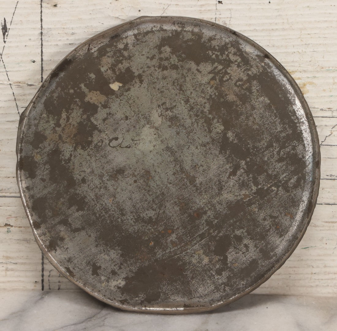 Lot 047 - Antique Hand-Painted Maritime Seascape On Tin Lid With Sailboats And Lighthouse, Unsigned, 6-1/4" Diameter