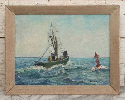 Lot 048 - Vintage Boat Painting On Board Signed H. Bachman, 18-3/8" x 14-1/4"