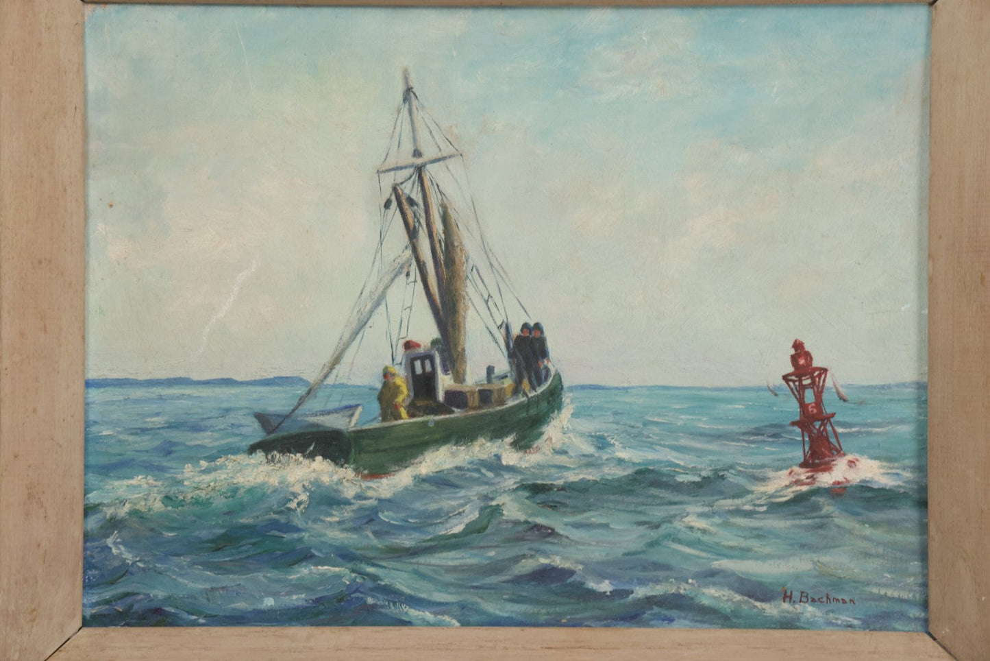 Lot 048 - Vintage Boat Painting On Board Signed H. Bachman, 18-3/8" x 14-1/4"