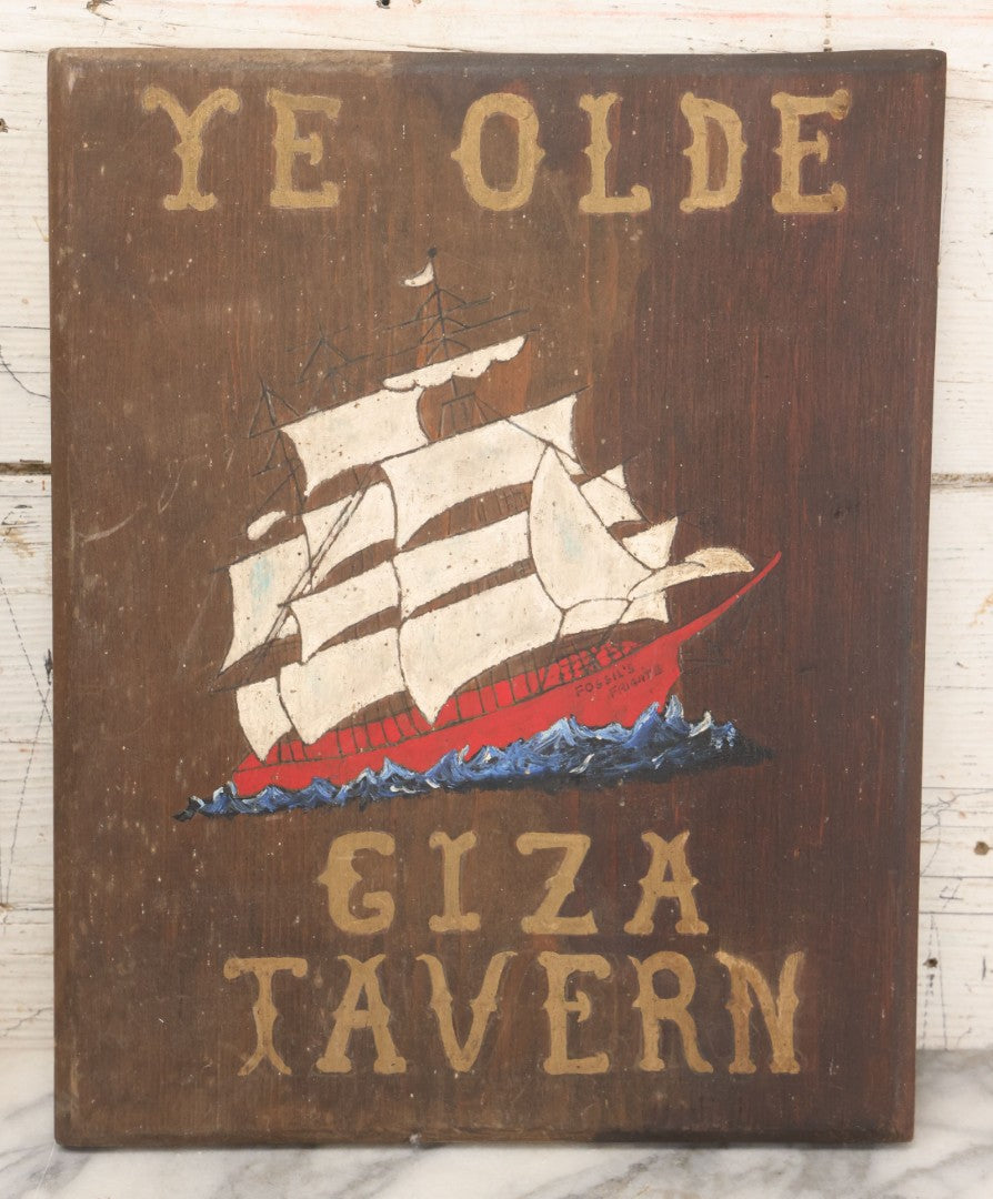Lot 049 - Vintage "Ye Olde Giza Tavern" Hand-Painted Wooden Sign With Sailing Ship, 11-1/2" x 14-3/8"