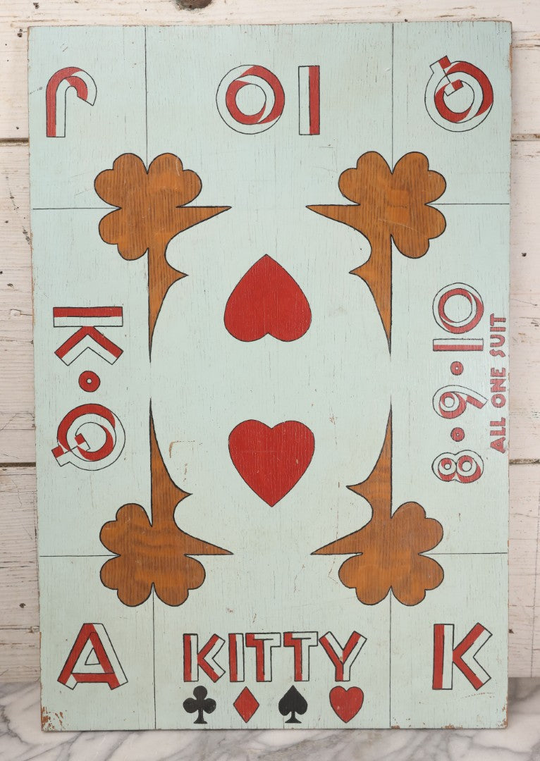 Lot 050 - Vintage Folk Art Hand Painted Wooden Gambling / Carnival Game Board "Kitty" Playing Card Design, "All One Suit," High Card / Cut The Cards Style, 16-1/4" x 24-1/8"