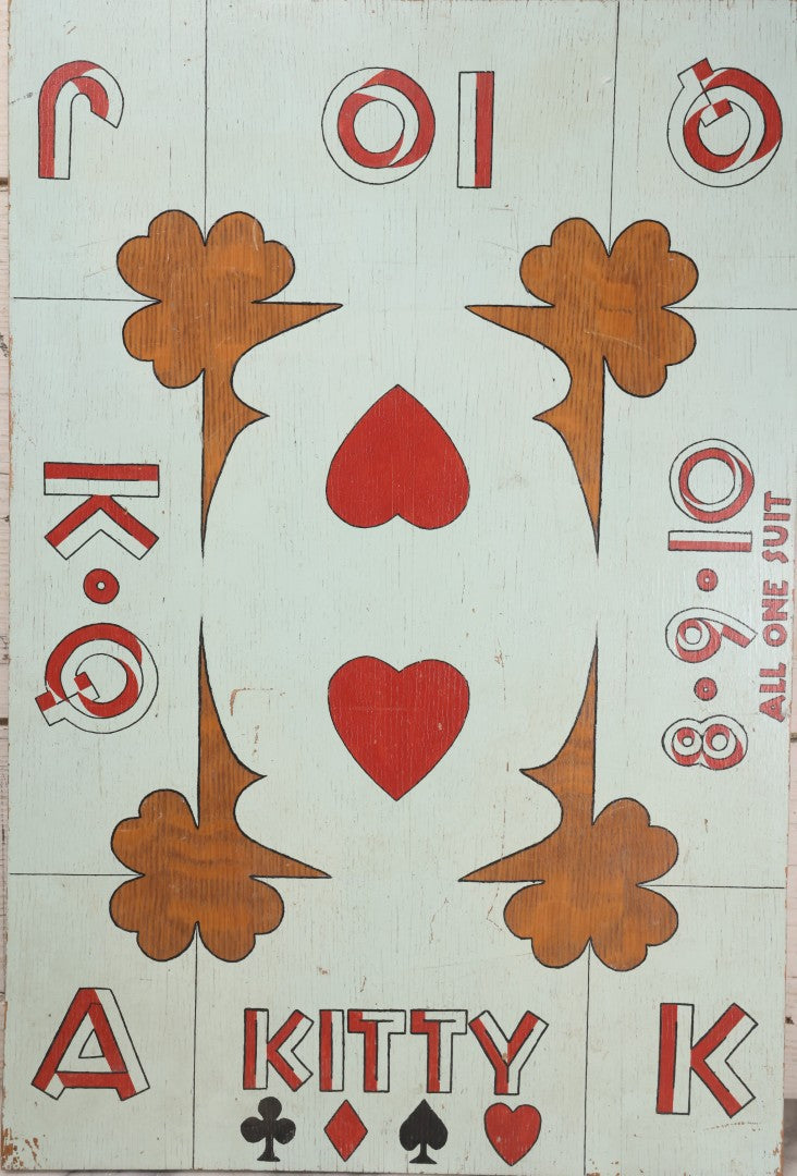 Lot 050 - Vintage Folk Art Hand Painted Wooden Gambling / Carnival Game Board "Kitty" Playing Card Design, "All One Suit," High Card / Cut The Cards Style, 16-1/4" x 24-1/8"