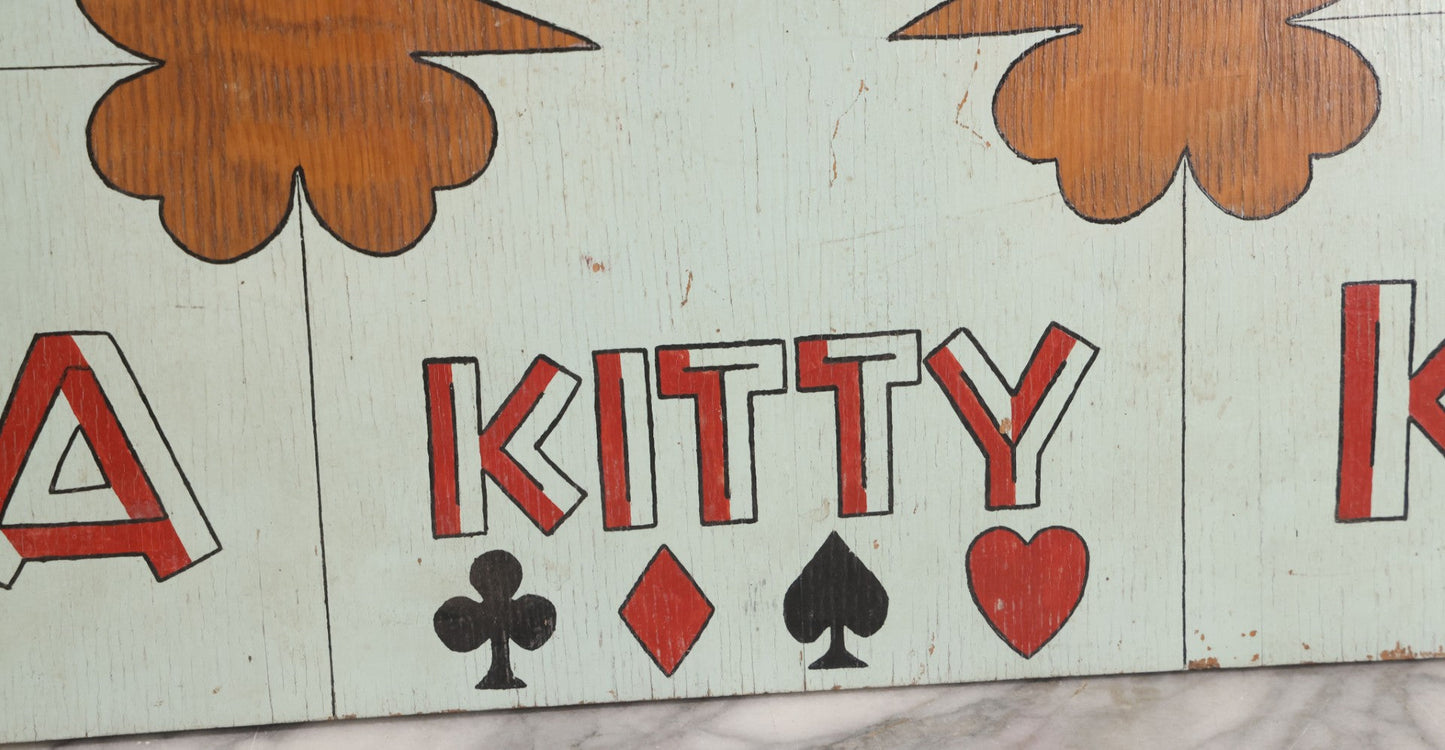 Lot 050 - Vintage Folk Art Hand Painted Wooden Gambling / Carnival Game Board "Kitty" Playing Card Design, "All One Suit," High Card / Cut The Cards Style, 16-1/4" x 24-1/8"