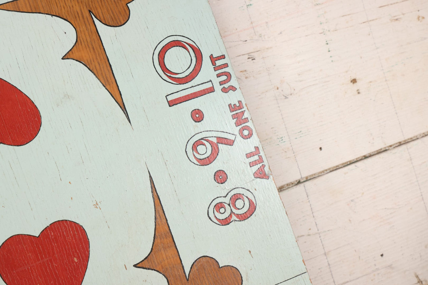 Lot 050 - Vintage Folk Art Hand Painted Wooden Gambling / Carnival Game Board "Kitty" Playing Card Design, "All One Suit," High Card / Cut The Cards Style, 16-1/4" x 24-1/8"