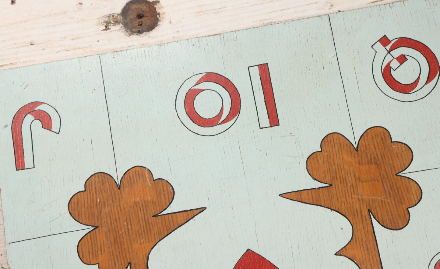 Lot 050 - Vintage Folk Art Hand Painted Wooden Gambling / Carnival Game Board "Kitty" Playing Card Design, "All One Suit," High Card / Cut The Cards Style, 16-1/4" x 24-1/8"