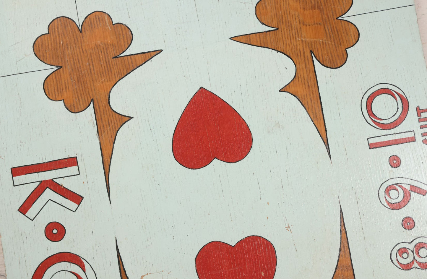 Lot 050 - Vintage Folk Art Hand Painted Wooden Gambling / Carnival Game Board "Kitty" Playing Card Design, "All One Suit," High Card / Cut The Cards Style, 16-1/4" x 24-1/8"