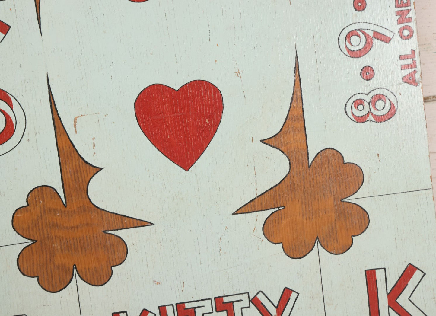 Lot 050 - Vintage Folk Art Hand Painted Wooden Gambling / Carnival Game Board "Kitty" Playing Card Design, "All One Suit," High Card / Cut The Cards Style, 16-1/4" x 24-1/8"