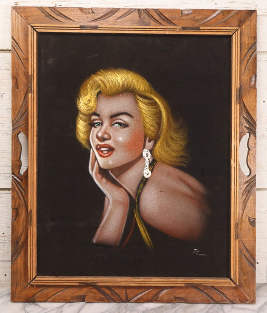 Lot 052 - Vintage Marilyn Monroe Black Velvet Painting, Made In Mexico, Mid Century Kitsch Pin-Up Wall Art In Carved Wooden Frame, 19-3/4" x 23-3/4"