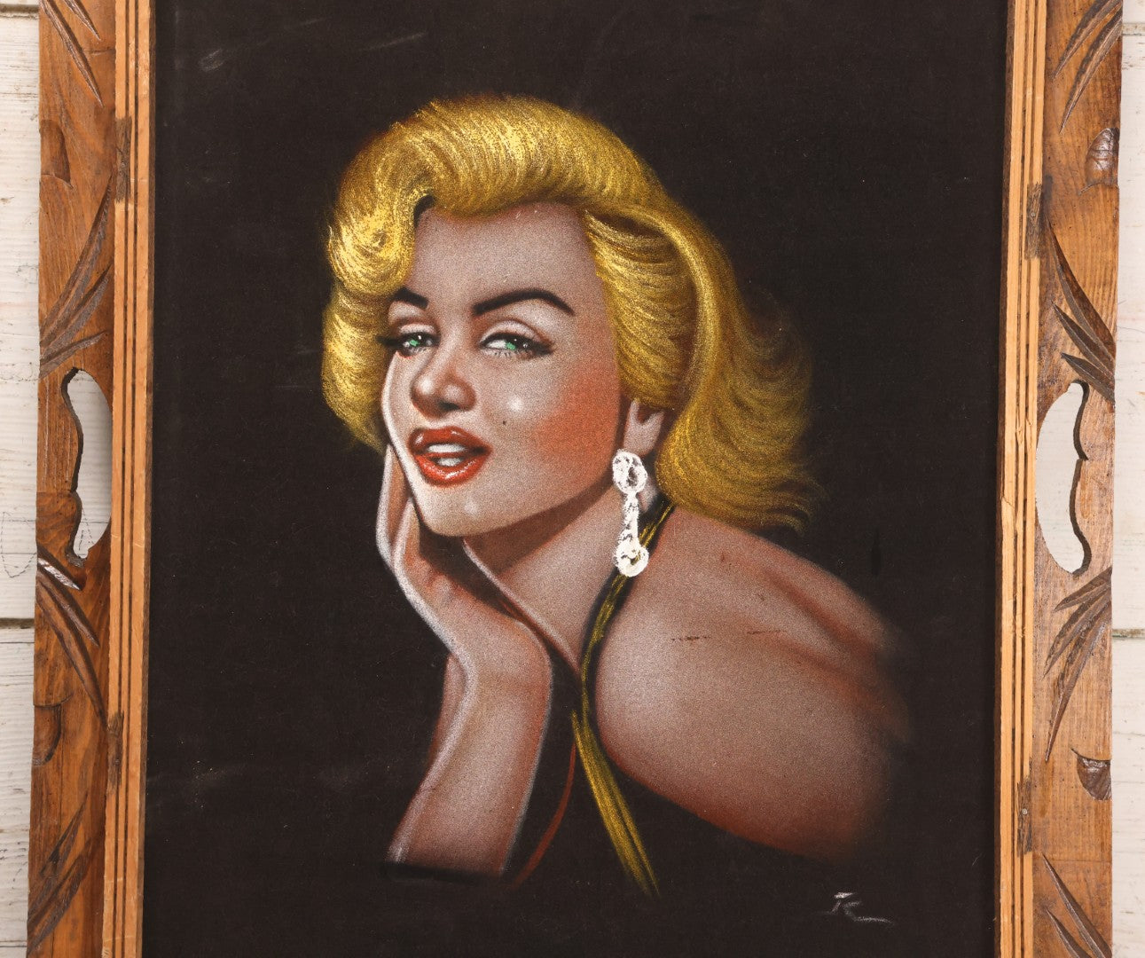 Lot 052 - Vintage Marilyn Monroe Black Velvet Painting, Made In Mexico, Mid Century Kitsch Pin-Up Wall Art In Carved Wooden Frame, 19-3/4" x 23-3/4"