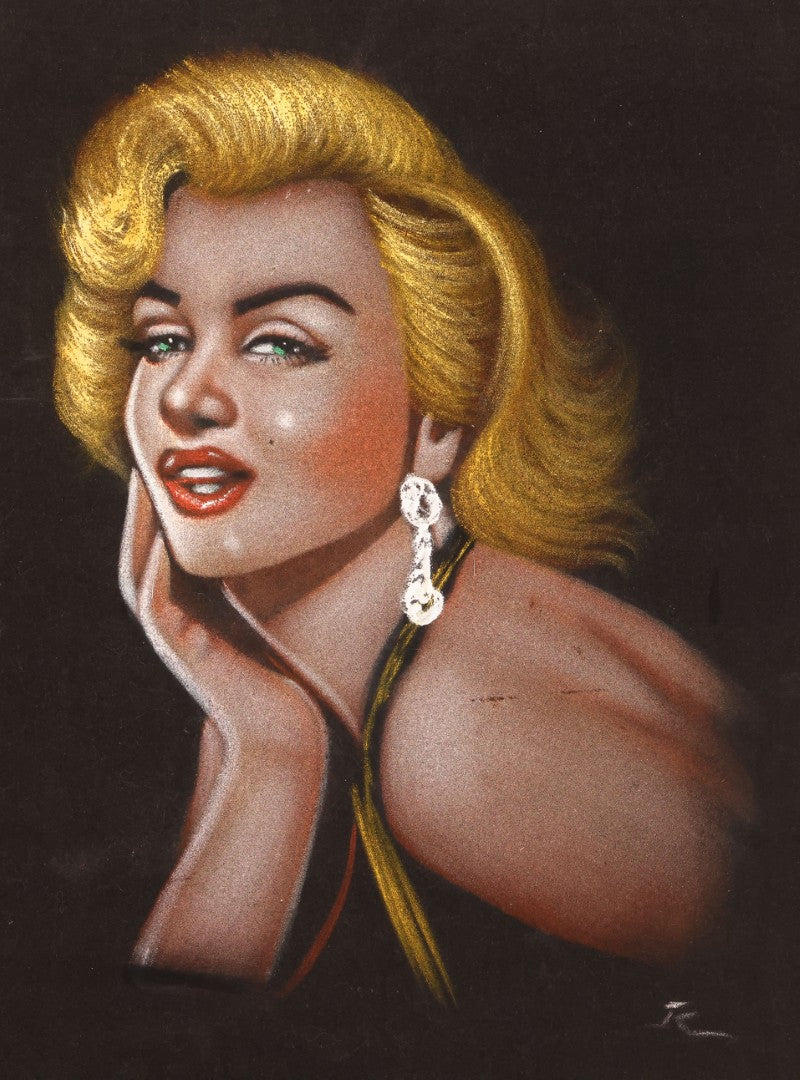 Lot 052 - Vintage Marilyn Monroe Black Velvet Painting, Made In Mexico, Mid Century Kitsch Pin-Up Wall Art In Carved Wooden Frame, 19-3/4" x 23-3/4"