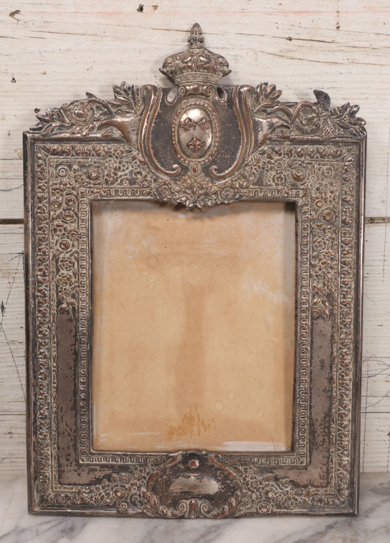 Lot 053 - Antique French Silvered Bronze Picture Frame With Crowned Crest And Fleur-De-Lis, Easel Back, No Glass, Circa Late 19th / Early 20th Century, 10-1/8" x 14-3/4"