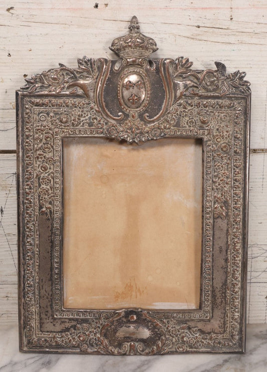 Lot 053 - Antique French Silvered Bronze Picture Frame With Crowned Crest And Fleur-De-Lis, Easel Back, No Glass, Circa Late 19th / Early 20th Century, 10-1/8" x 14-3/4"