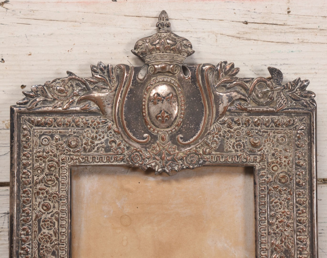 Lot 053 - Antique French Silvered Bronze Picture Frame With Crowned Crest And Fleur-De-Lis, Easel Back, No Glass, Circa Late 19th / Early 20th Century, 10-1/8" x 14-3/4"