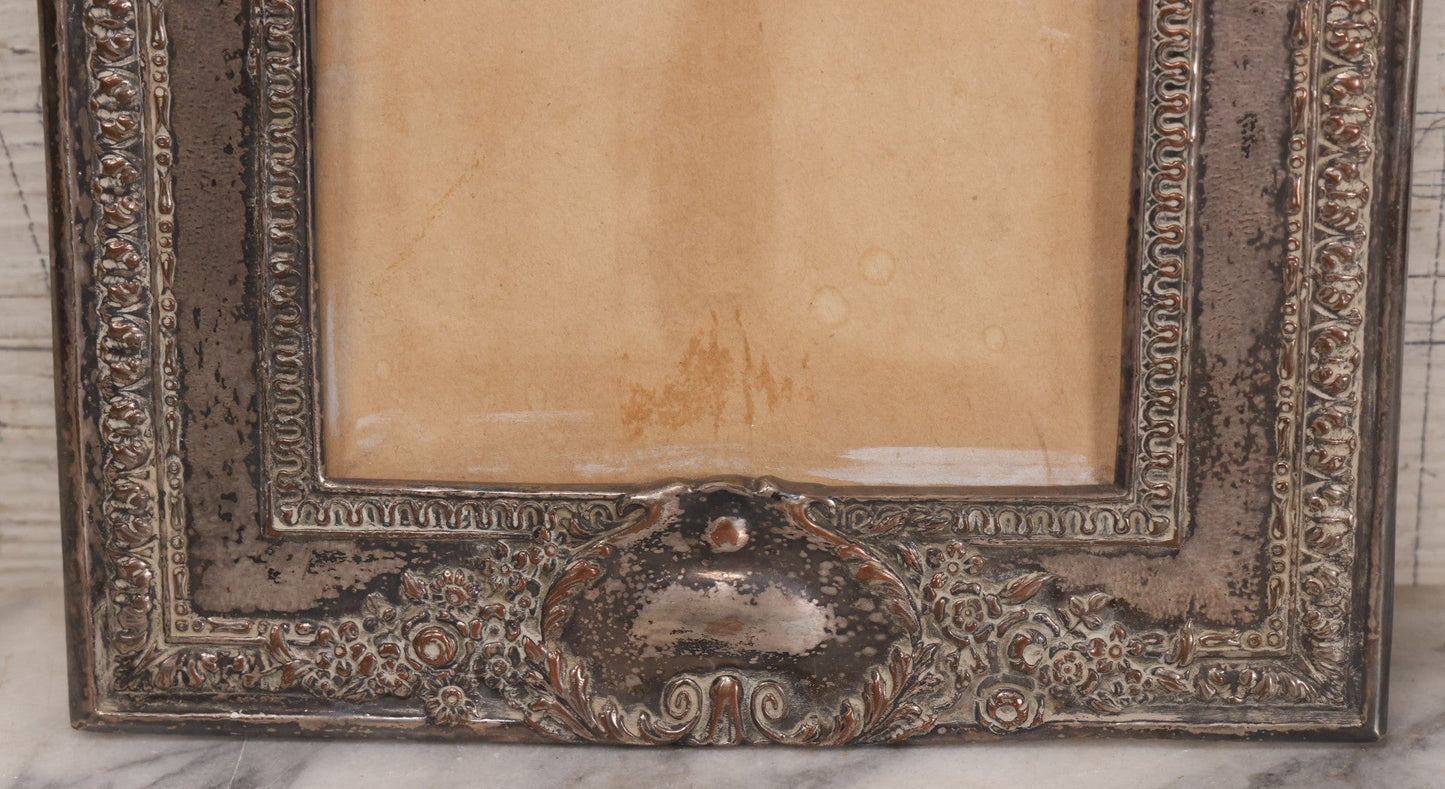 Lot 053 - Antique French Silvered Bronze Picture Frame With Crowned Crest And Fleur-De-Lis, Easel Back, No Glass, Circa Late 19th / Early 20th Century, 10-1/8" x 14-3/4"