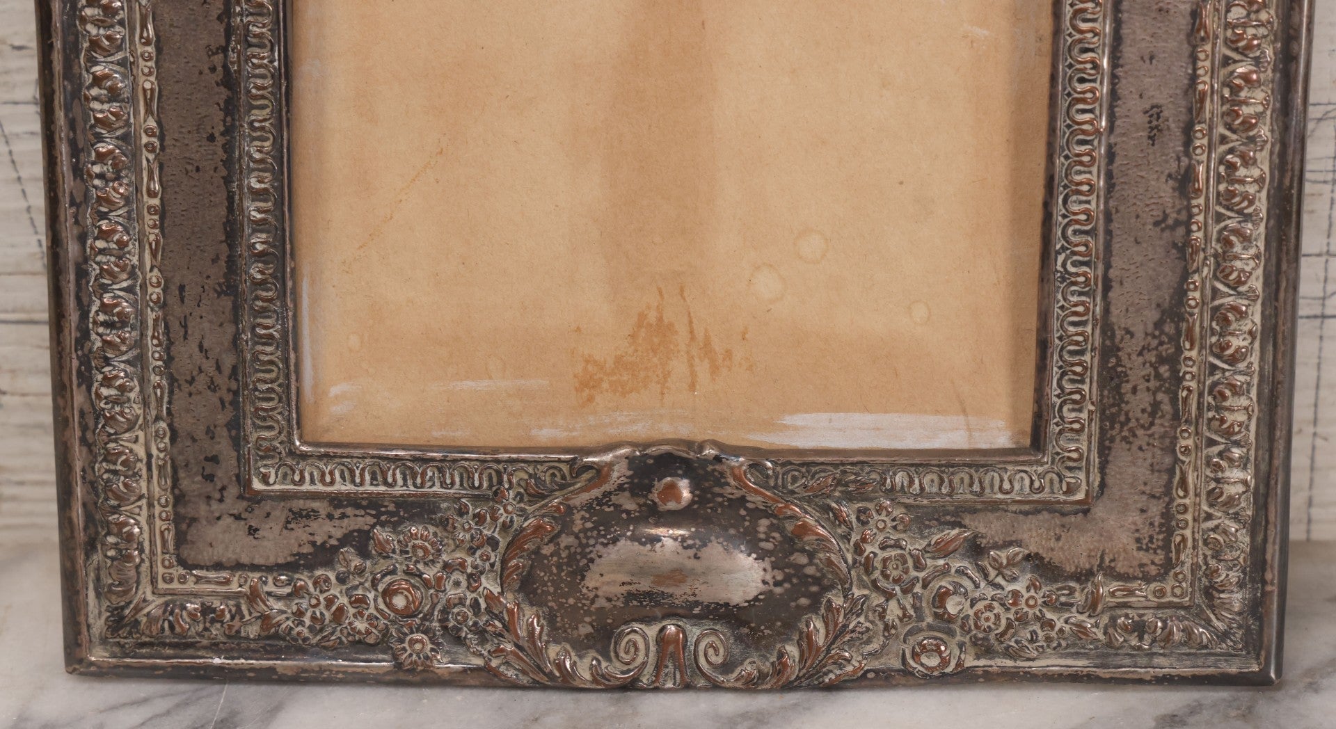 Lot 053 - Antique French Silvered Bronze Picture Frame With Crowned Crest And Fleur-De-Lis, Easel Back, No Glass, Circa Late 19th / Early 20th Century, 10-1/8" x 14-3/4"