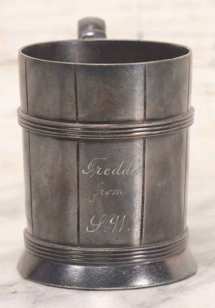 Lot 055 - Vintage Silver Plate Presentation Cup With Handle, Engraved "Freddie From S.W.," Manufactured By Rogers & Bro, Triple Plate , 3-5/8" H