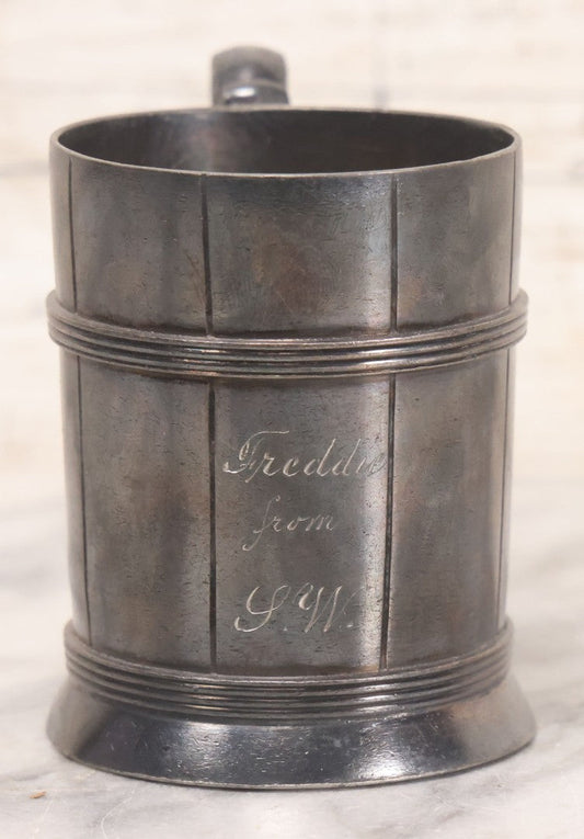 Lot 055 - Vintage Silver Plate Presentation Cup With Handle, Engraved "Freddie From S.W.," Manufactured By Rogers & Bro, Triple Plate , 3-5/8" H