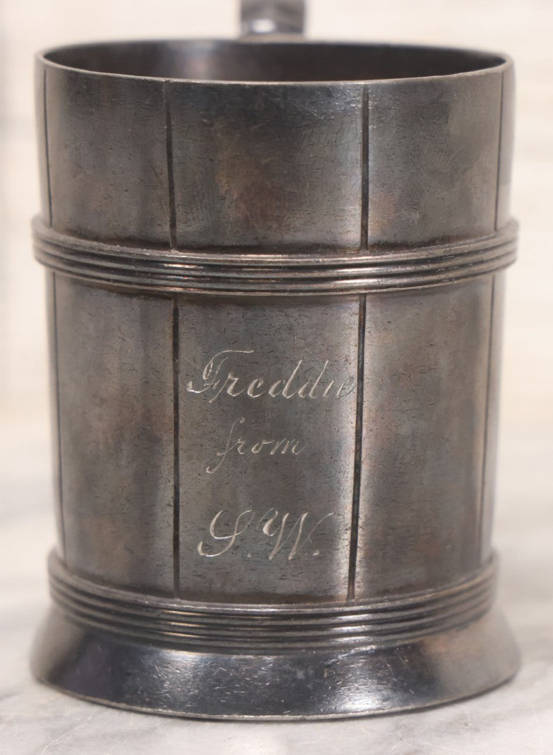 Lot 055 - Vintage Silver Plate Presentation Cup With Handle, Engraved "Freddie From S.W.," Manufactured By Rogers & Bro, Triple Plate , 3-5/8" H