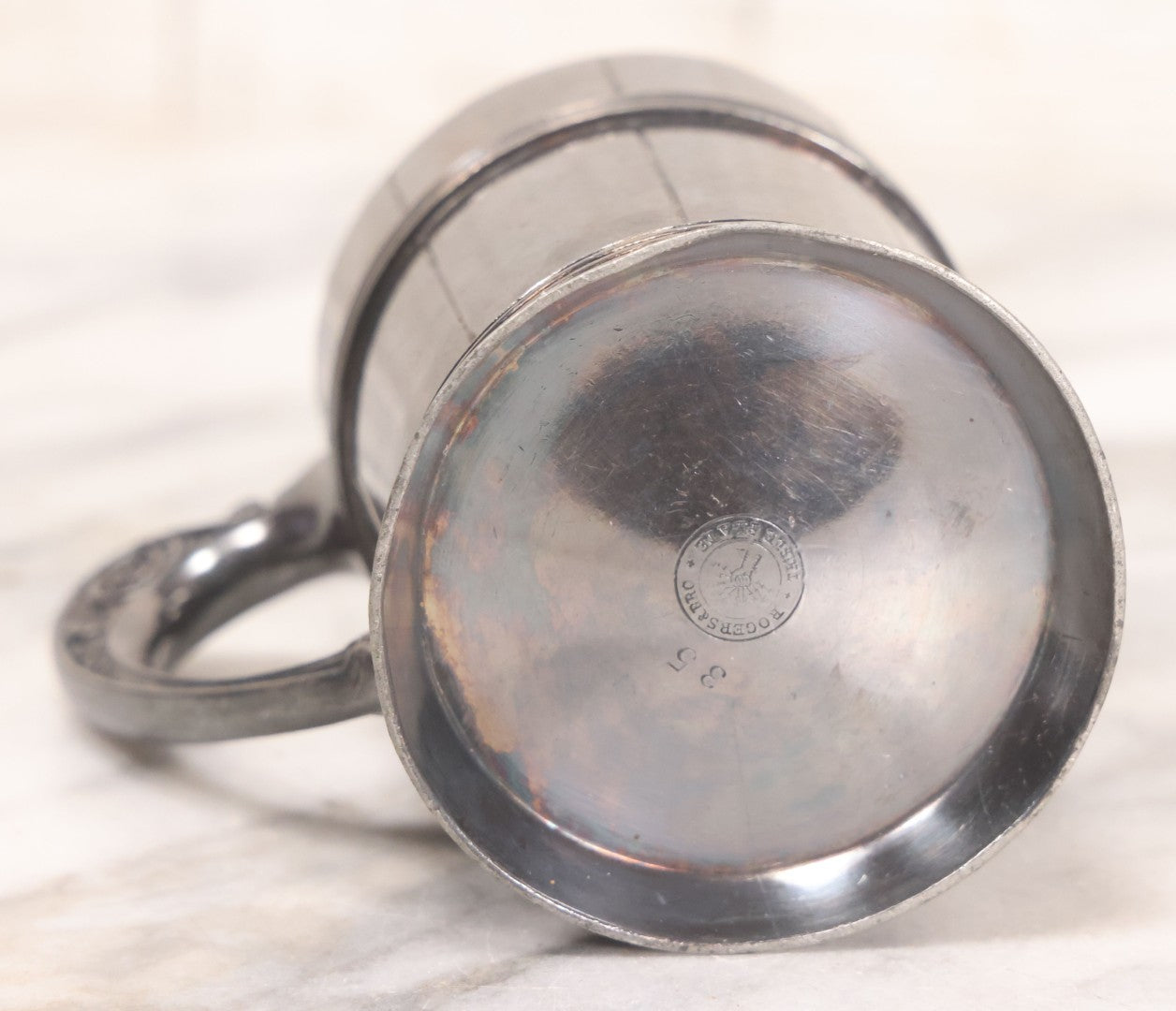 Lot 055 - Vintage Silver Plate Presentation Cup With Handle, Engraved "Freddie From S.W.," Manufactured By Rogers & Bro, Triple Plate , 3-5/8" H