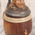 Lot 056 - Antique German Beer Stein With King Figural Lid, Hinged Pewter Top, Marked D.R.G.M. 154927 And Germany, Adolf Diesinger No. 705, Circa 1900, 7-3/4" H
