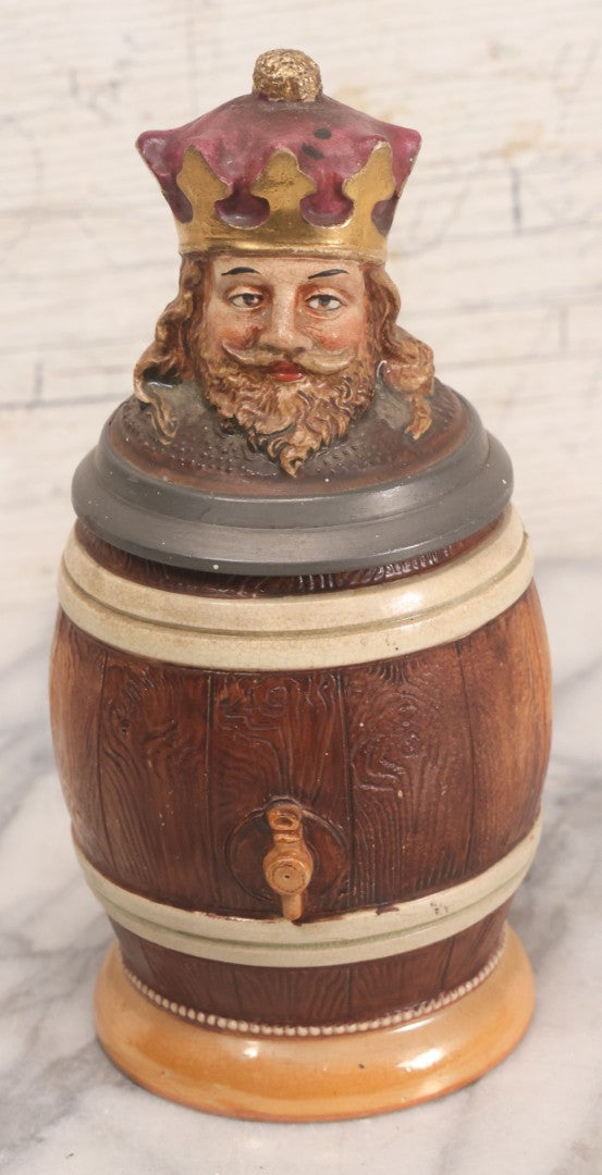 Lot 056 - Antique German Beer Stein With King Figural Lid, Hinged Pewter Top, Marked D.R.G.M. 154927 And Germany, Adolf Diesinger No. 705, Circa 1900, 7-3/4" H