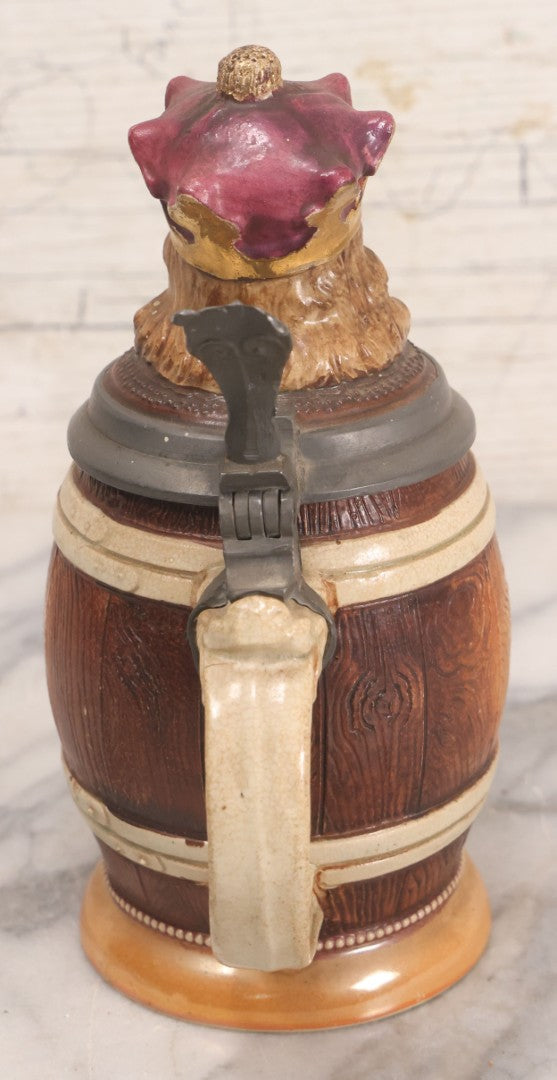 Lot 056 - Antique German Beer Stein With King Figural Lid, Hinged Pewter Top, Marked D.R.G.M. 154927 And Germany, Adolf Diesinger No. 705, Circa 1900, 7-3/4" H