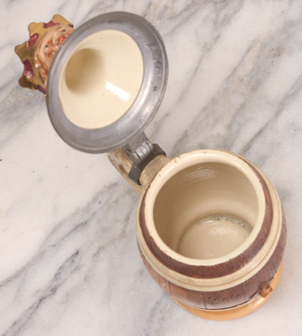 Lot 056 - Antique German Beer Stein With King Figural Lid, Hinged Pewter Top, Marked D.R.G.M. 154927 And Germany, Adolf Diesinger No. 705, Circa 1900, 7-3/4" H