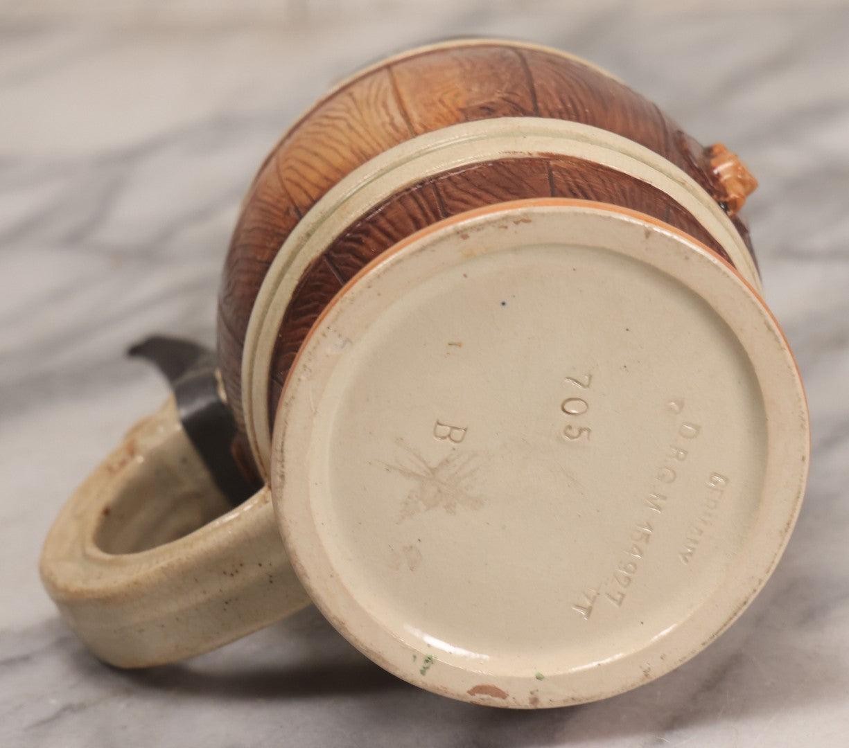 Lot 056 - Antique German Beer Stein With King Figural Lid, Hinged Pewter Top, Marked D.R.G.M. 154927 And Germany, Adolf Diesinger No. 705, Circa 1900, 7-3/4" H