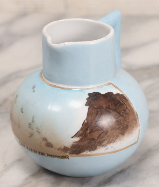 Lot 057 - Vintage Hand Painted German China Creamer Pitcher With Old Man Of The Mountain, White Mountains New Hampshire Souvenir Scene, 3-3/4" H
