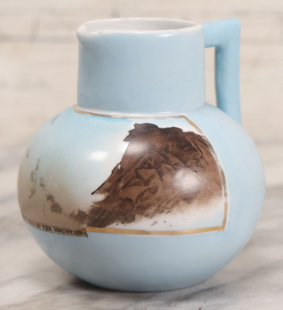 Lot 057 - Vintage Hand Painted German China Creamer Pitcher With Old Man Of The Mountain, White Mountains New Hampshire Souvenir Scene, 3-3/4" H